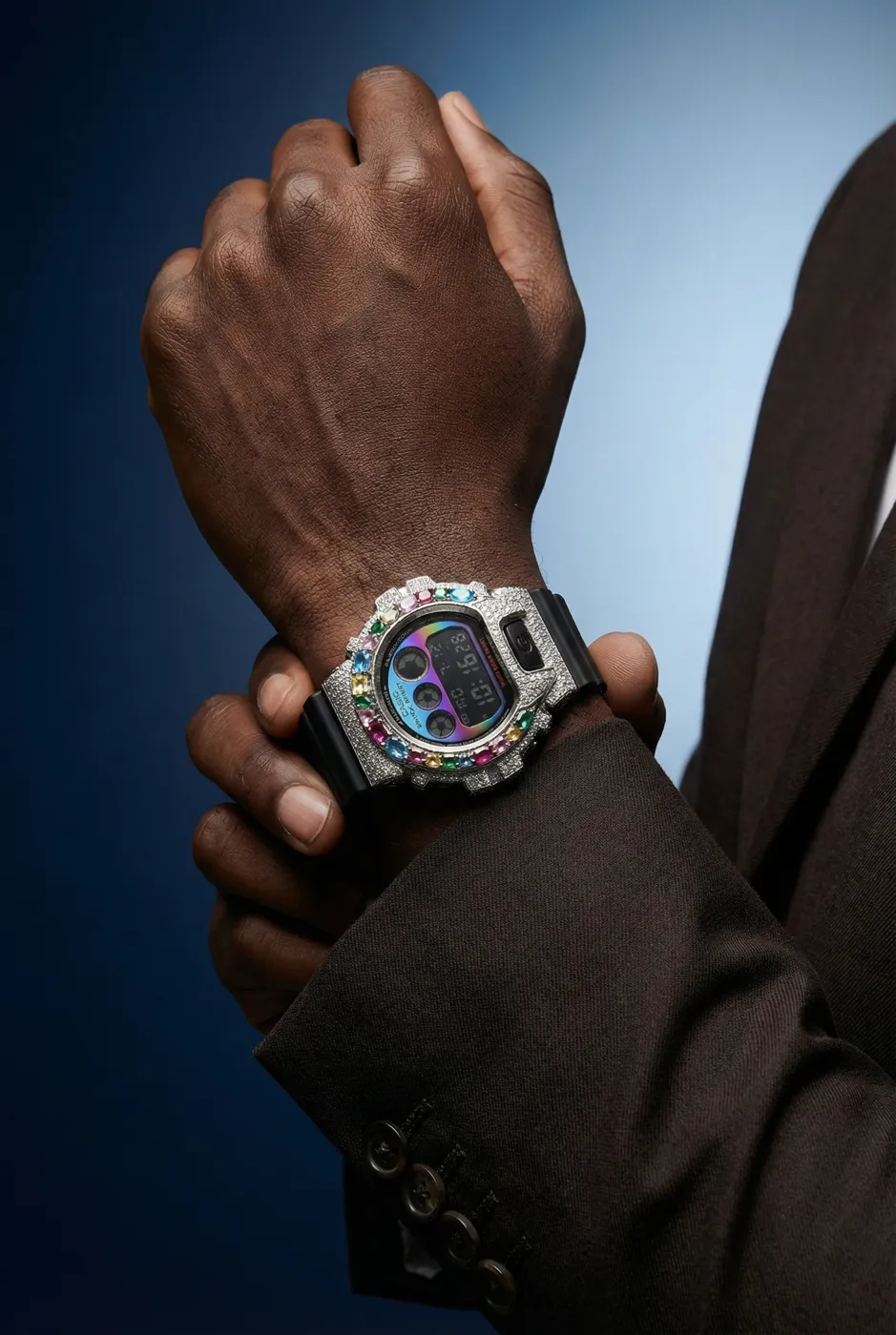 Rainbow G-Shock worn on the wrist
