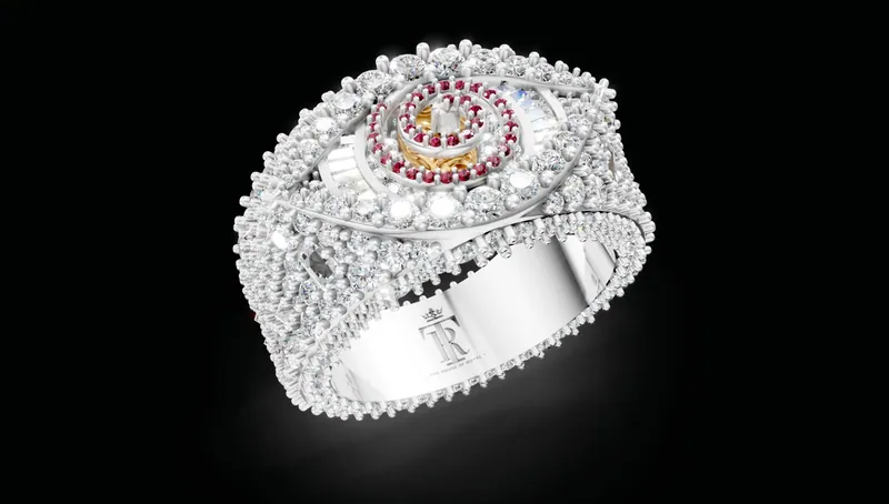 Computer rendering of an ornate stone-set ring, angled view
