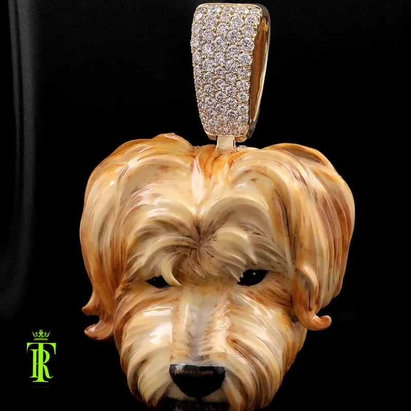 Custom dog portrait pendant with a stone-set bail