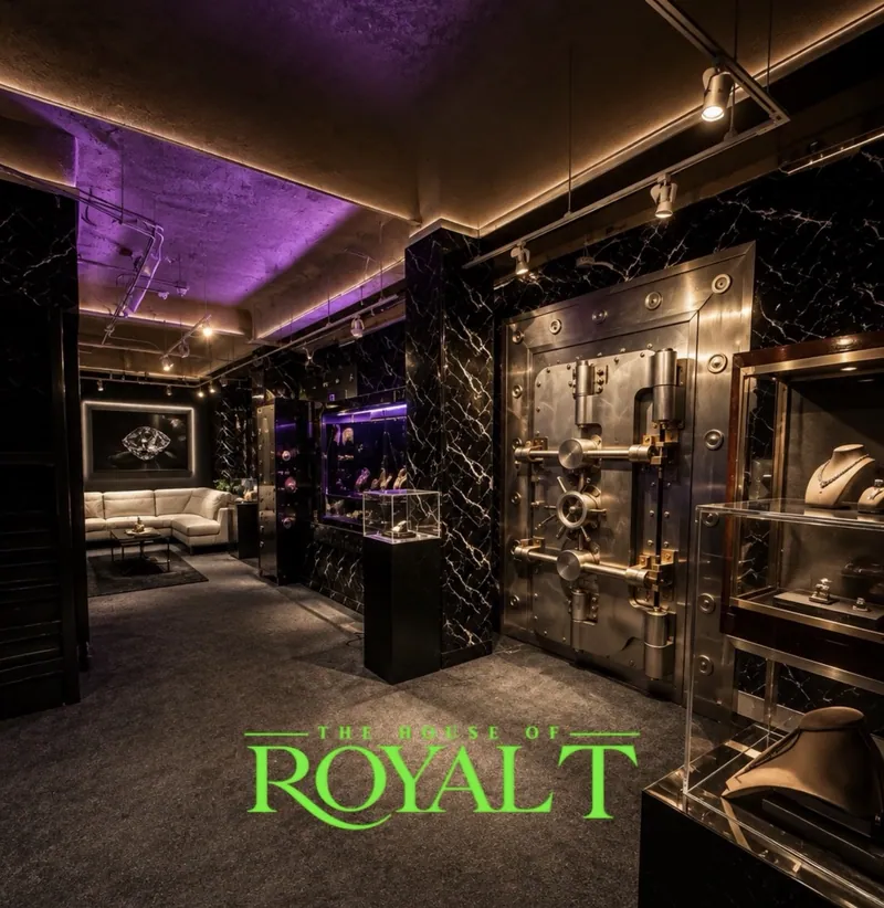 The Royal T showroom and vault, with display cases and the illuminated ROYAL T sign