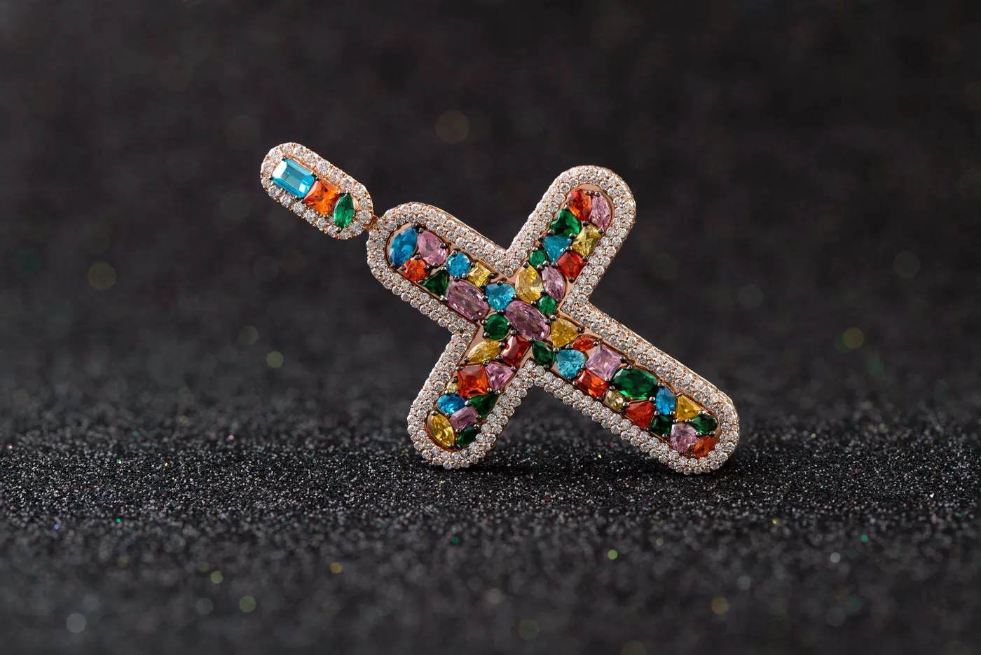 Rainbow Stone Cross Pendant with Diamond Halo