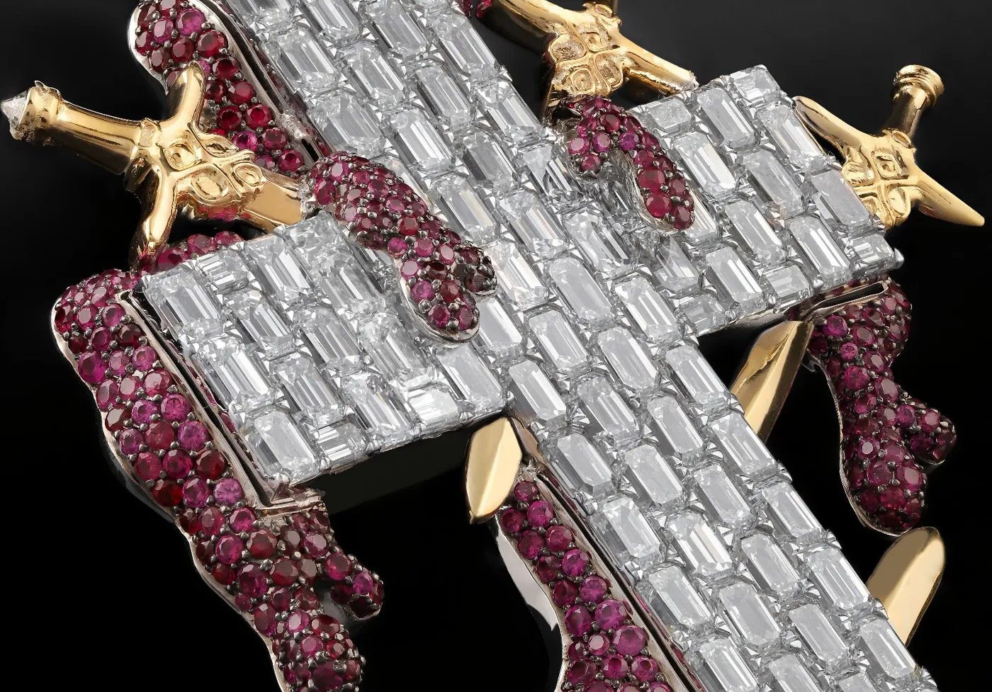 Baguette cross pendant with ruby detailing