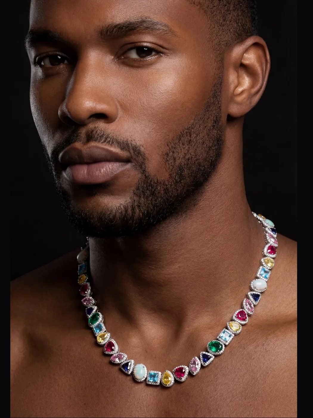 Luxury Multicolor Gemstone Diamond Necklace Opal, Sapphire, Emerald & Ruby Halo Chain view 2