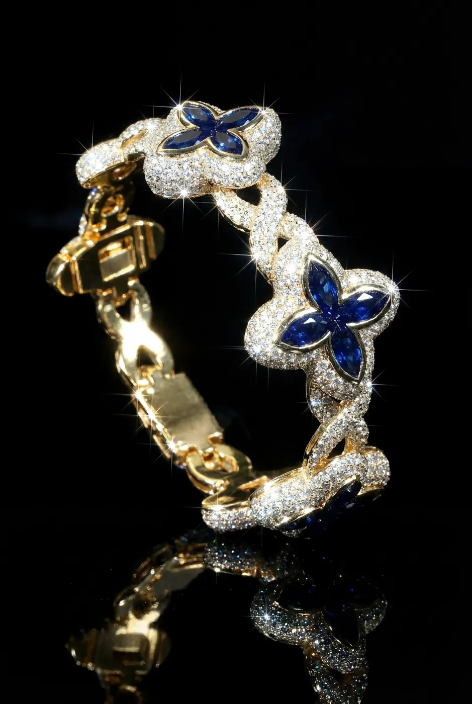 Blue Gemstone-Inspired Clover Bracelet in 10K Gold Premium Custom Jewelry view 1
