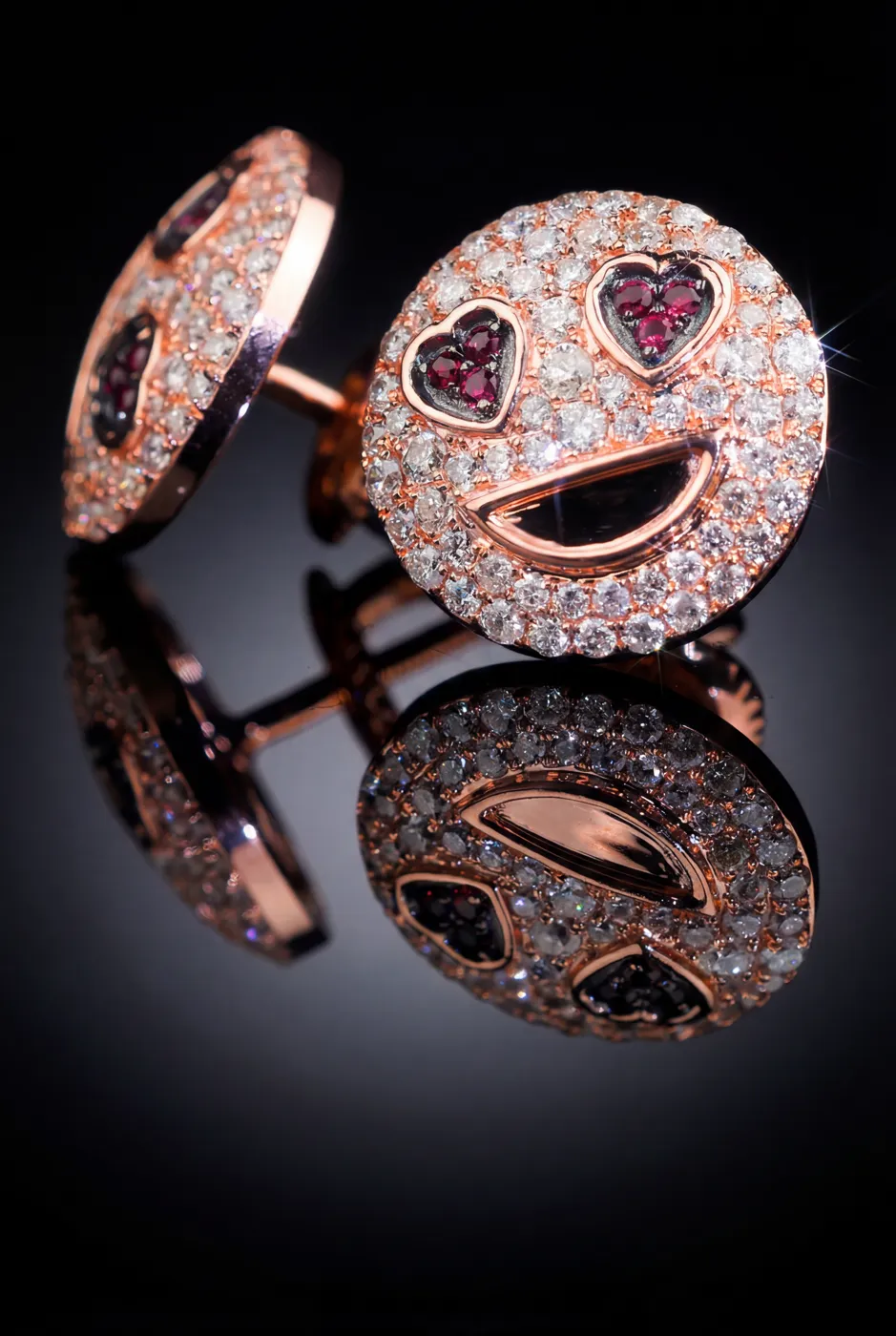 Heart Eyes Emoji Stud Earrings in Rose Gold Natural Diamond & Ruby Accents view 1