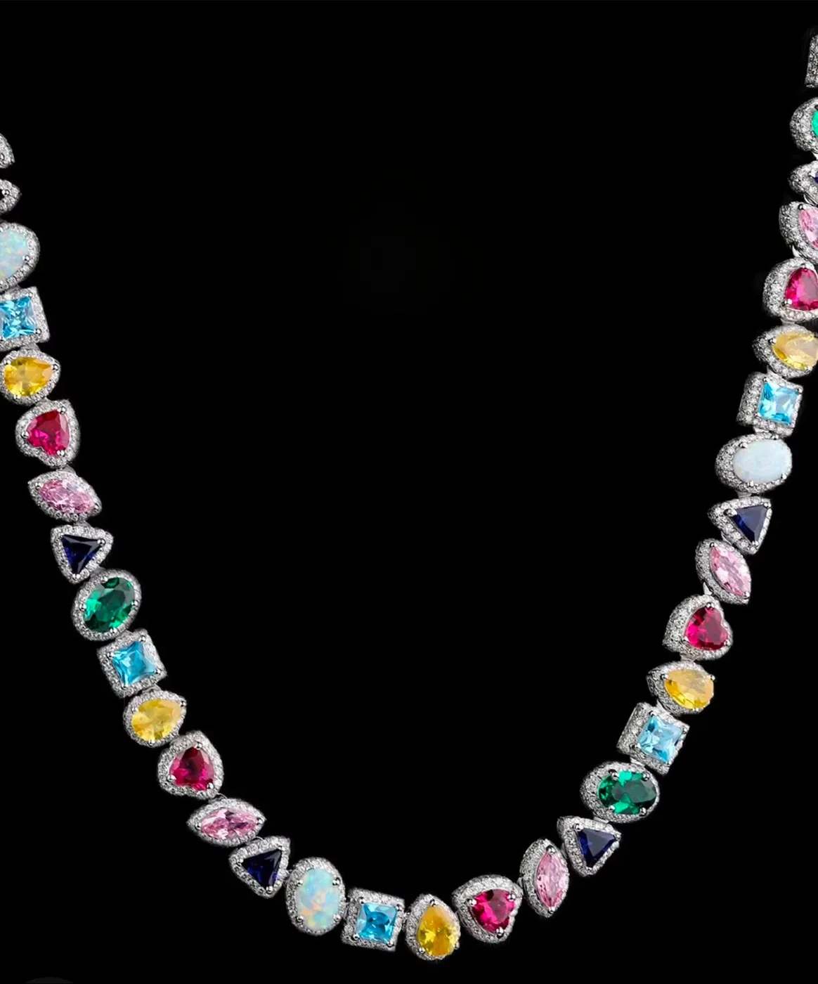 Luxury Multicolor Gemstone Diamond Necklace Opal, Sapphire, Emerald & Ruby Halo Chain view 1