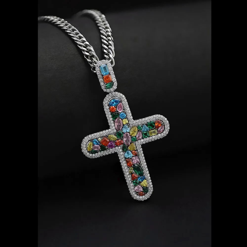 Rainbow Stone Cross Pendant with Diamond Halo view 2