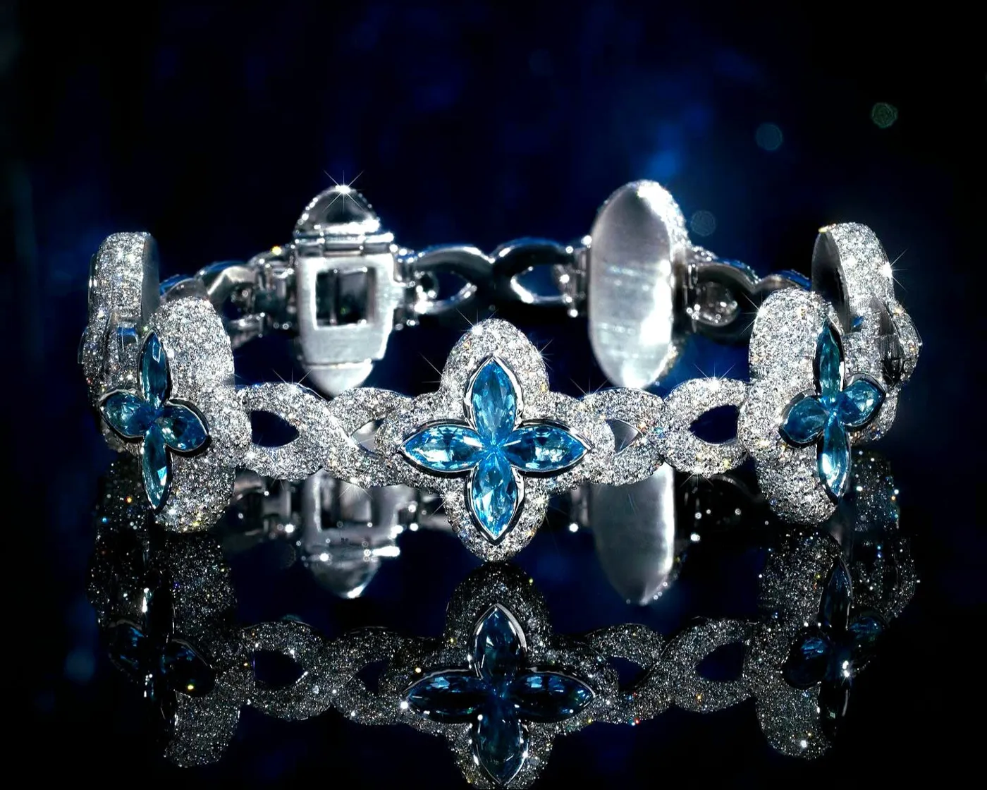 White Gold Clover Bracelet with Blue Marquise Gemstones and Pavé Diamonds view 2