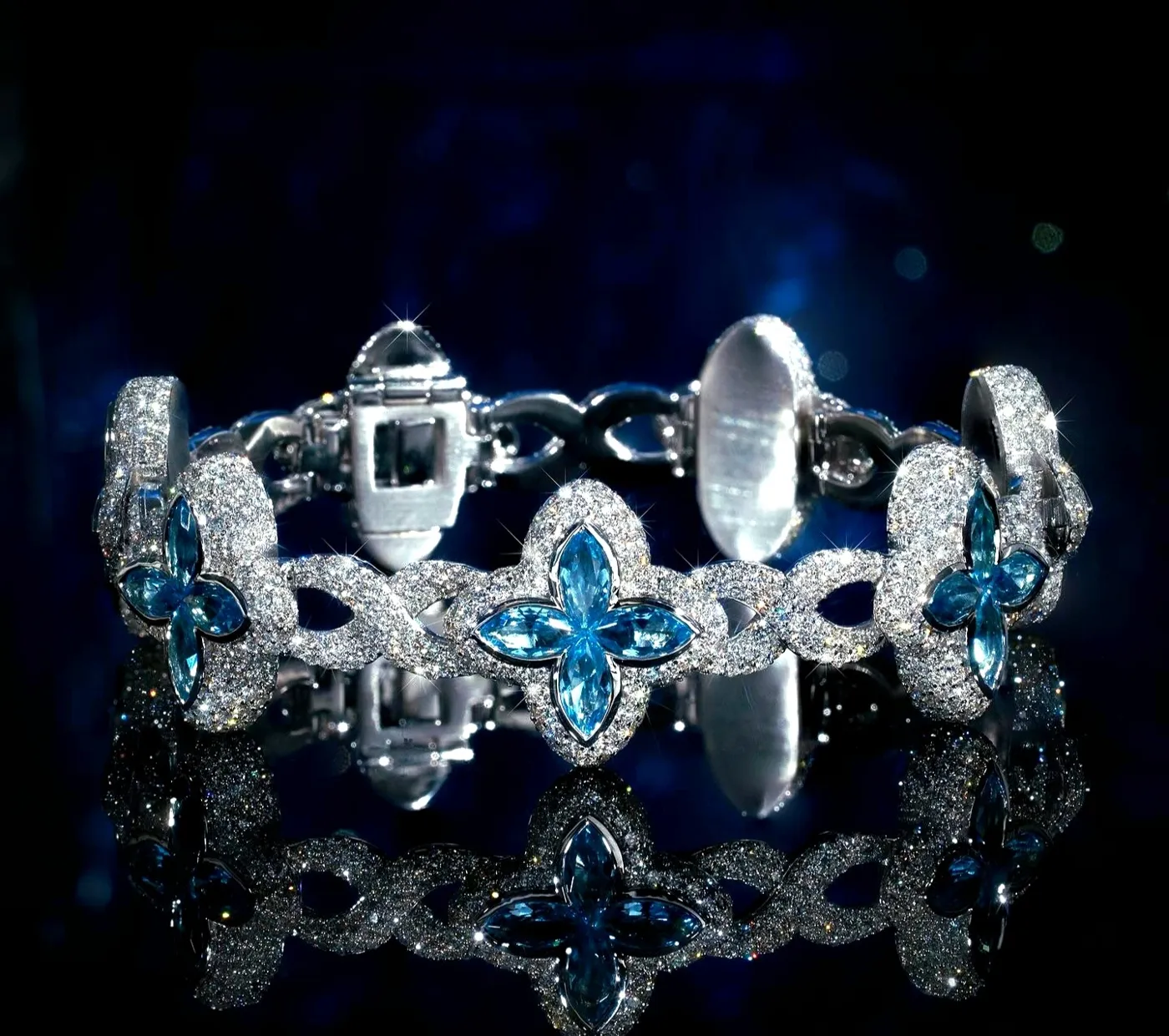 White Gold Clover Bracelet with Blue Marquise Gemstones and Pavé Diamonds view 1